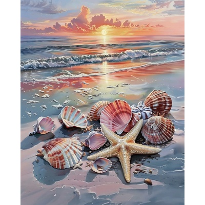 ZUTY Obrazy na stenu - MUŠLE NA PLÁŽI A ZÁPAD SLNKA Rámovanie: vypnuté plátno na rám, Rozmer: 40x50 cm