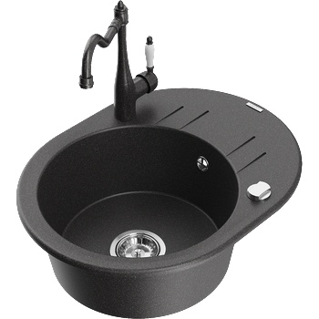 Mexen Kevin гранитна мивка с едно корито с отцедник и кухненски смесител Carla, черен на пръски - 6517-76-670700-76 (6517-76-670700-76)