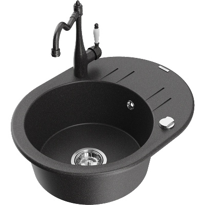 Mexen Kevin гранитна мивка с едно корито с отцедник и кухненски смесител Carla, черен на пръски - 6517-76-670700-76 (6517-76-670700-76)