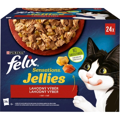 Felix Sensations Jellies hovězí s rajčaty kuře s mrkví kachna jehněčí v lahodném želé 24 x 85 g