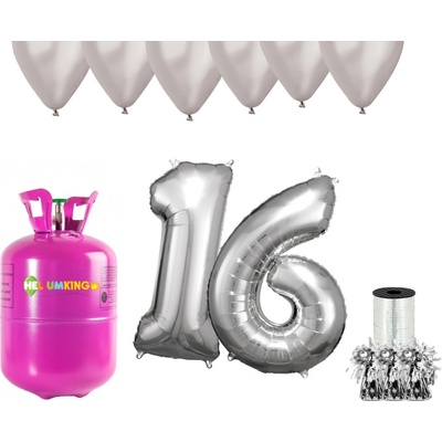 HeliumKing Helium párty set na 16. narozeniny se stříbrnými balónky