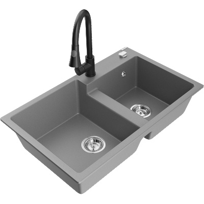 Mexen Tomas гранитна мивка с 2 отделения и кухненски смесител Elia, сив - 6516-71-670101-70 (6516-71-670101-70)