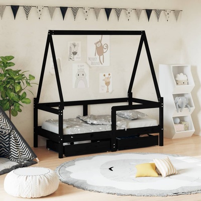 vidaXL Рамка за детско легло с чекмеджета, черна, 70x140 см, бор масив (834473)