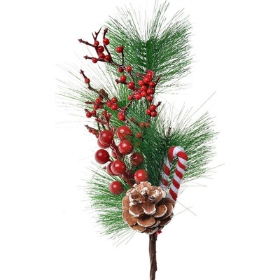 Vánoční dekorační zápich větvička s šiškou, červenými bobulemi a vánočním lízátkem Candy Cane – 39 cm Decoration
