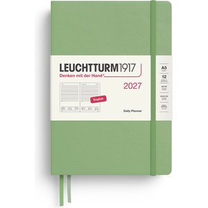 Leuchtturm1917 Daily Calendar 2027 Medium (A5) - English, sage, 145 x 210 mm, January-December (12 months), 1 page per day, hourly grid 7: 00-22: 00, hardcover, 80 g/m2 paper - 400328 (400328)