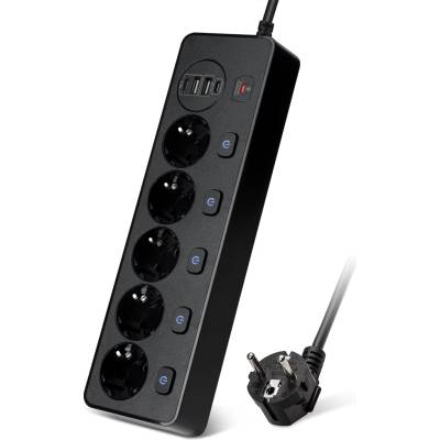 Удължител DLFI, 5 гнезда, 250V, 10A, Кабел, 1.8м. , 2 x USB-F, 2 x USB-C, С ключ, Бял - 17966 (17966)