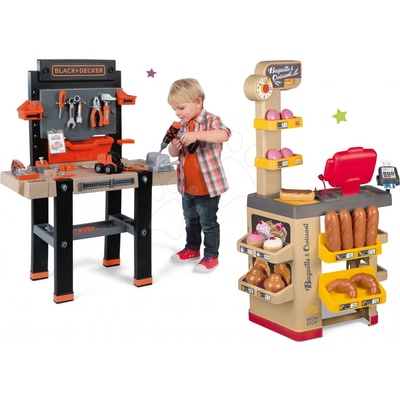 Smoby Set pekáreň s koláčmi Baguette&Croissant Bakery s elektronickou pokladňou a pracovná dielňa elektronická Black&Decker s vŕtačkou