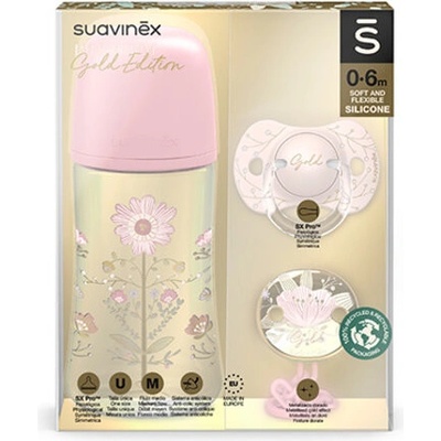 Suavinex Gold kojenecká láhev Gold set láhev 270ml + dudlík fyziologický + klip gold růžová