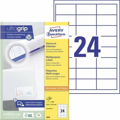 avery zweckform Etikety univerzálne 64,6x33,8mm Avery A4 100 hárkov