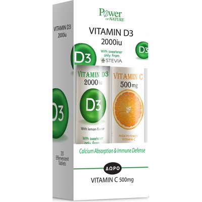 Power Health Vitamin D3 + Vitamin C, 2000 IU/500 mg, 2 x 20 ефервесцентни таблетки, Power of Nature