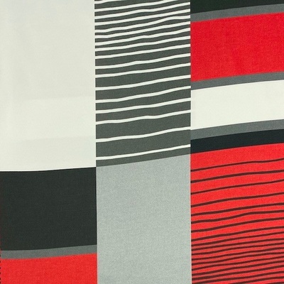 Dimout šedý, geometrické tvary bílo-červené, š.150
