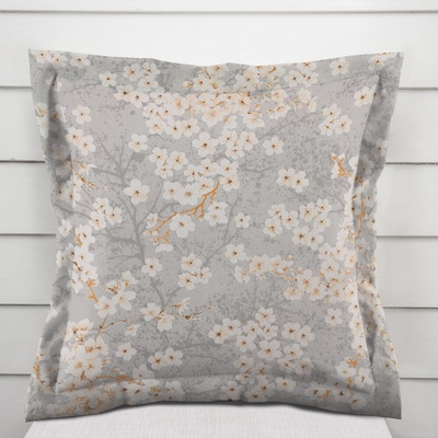 Biante bavlna s lemom Sandra SA-634 Biele čerešňové kvety na sivom 30 x 50 cm