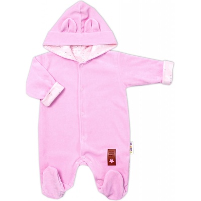 Baby Nellys Dvojvrstvový velúrový overal s kapucňou Bunny ružový
