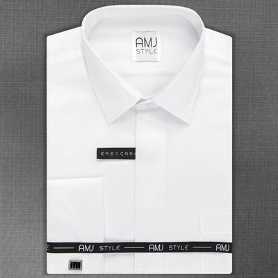 AMJ pánská košile na manžetové knoflíčky dlouhý rukáv slim fit VDSA838MK bílá s vetkávaným vzorem