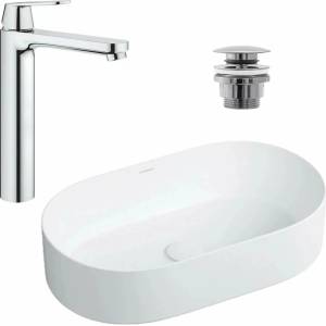 GROHE Комплект за мивка за плот Omnires Mesa бяла 53.5 см, Grohe Eurosmart Cosmopolitan XL хромиран смесител за умивалник и хромиран вентил за умивалник Click-Clack (MESA530BM+23921000+5902557344925)