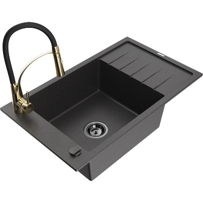 Mexen Elias гранитна мивка с една камера и отцедник и кухненски смесител Aster, черен напръскан - 6511-76-73450-57-B (6511-76-73450-57-B)