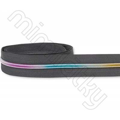 Zip spirálový 5mm metráž tmavě šedá/duhová