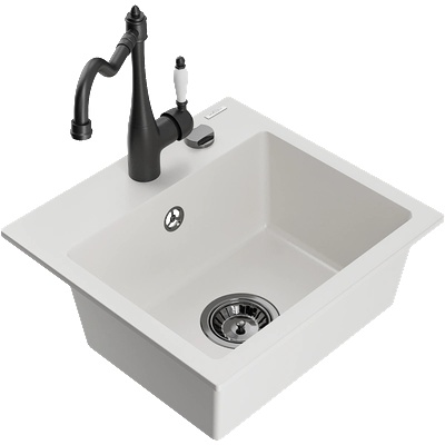 Mexen Milo кухненска мивка от гранит с 1 корито и кухненски смесител Carla, бял - 6505-20-670700-70 (6505-20-670700-70)