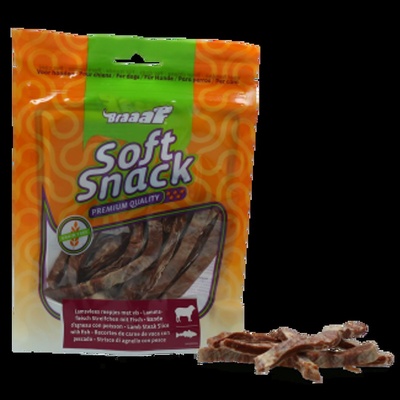 Braaaf Soft Snack - Меки лакомства за кучета, вкусни ленти с агнешко и риба - 85 гр