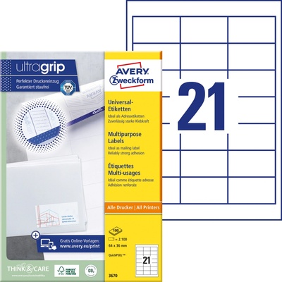 AVERY ZWECKFORM QuickPEEL 64x36 mm 21 etiket 100 listů Univerzální etikety A4 bílé