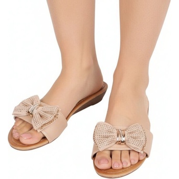 Дамски чехли в бежово с панделка