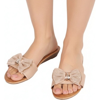 Дамски чехли в бежово с панделка