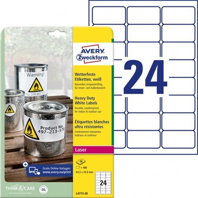 Etikety polyesterové 63,5x33,9mm Avery A4 biele 20 hárkov