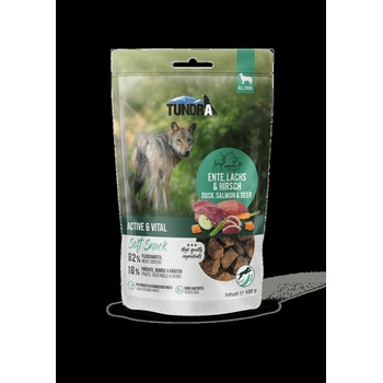 Tundra Snack Active and Vital - Премиум лакомство за активни и жизнени кучета, без зърно, снакс с месо от патешко, сьомга и дивеч, 100 гр