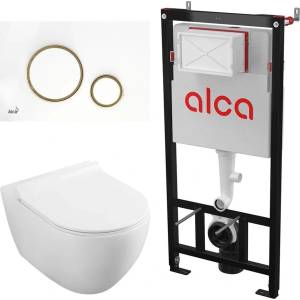 Alcadrain Комплект тоалетно казанче с вградена рамка Alca AM101/1120 и бял капак M775 плюс тоалетна чиния Fluminia Minerva с бял капак с плавно затваряне (AM101/1120+M775+2210R)