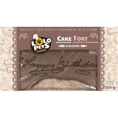 LOLO PETS Happy Birthday čokoláda a vlašské ořechy dort pro psy 250 g
