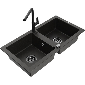 Mexen Mario двоен кухненски гранитен мивка с кухненски смесител Flora, черен/златен металик - 6504-75-670401-70-B (6504-75-670401-70-B)