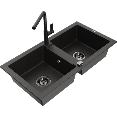 Mexen Mario двоен кухненски гранитен мивка с кухненски смесител Flora, черен/златен металик - 6504-75-670401-70-B (6504-75-670401-70-B)