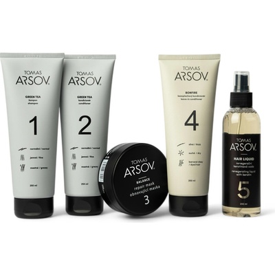 Tomas Arsov pro citlivou pokožku a oslabené vlasy GREEN TEA Šampon 250 ml + Kondicionér 250 ml + BALANCE maska 100 ml + BONFIRE Bezoplach. kondic. 250 ml + HAIR LIQUID Keratin.voda 200 ml set