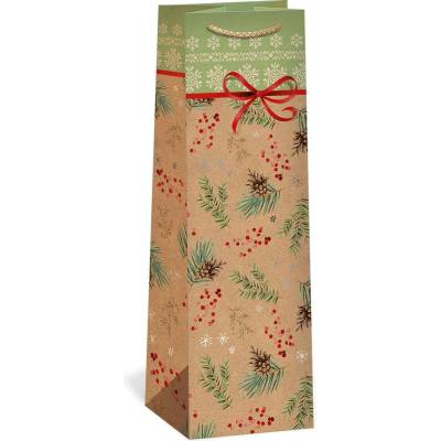 ARGUS Dárková papírová taška NATUR na víno (11 x 36 cm) - Větvička so šiškou 08340097