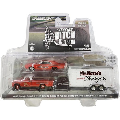 GreenLight Dodge D-100 1966 + Dodge Charger "Super Charger" 1969 + přívěs 1:64