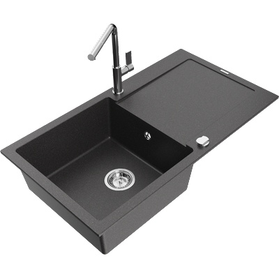 Mexen Leo гранитна мивка с една камера, отцеждащо корито и кухненски смесител Flora, черен на точки - 6501-76-670401-00 (6501-76-670401-00)