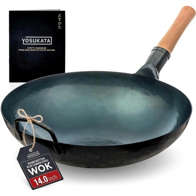 Wok z węglowej oceli YOSUKATA modrý 36 cm, předem připravený