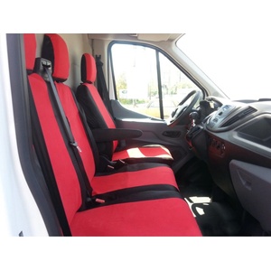  2+1 комплект калъфи / тапицерия - за Ford Transit 2013+ с отвор за барчето на двойната седалка - черно и червено