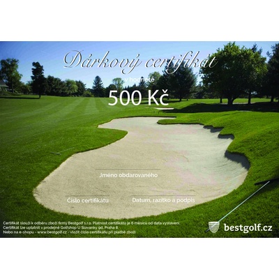 Bestgolf Dárkový certifikát pro golfistu v hodnotě 500 Kč Design certifikátu: Bunker