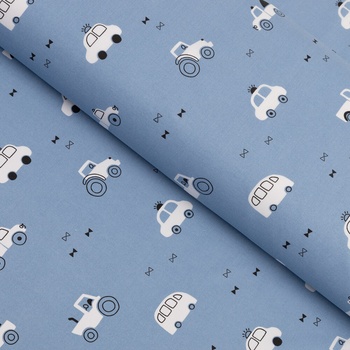 Detská bavlnená látka/plátno Sandra SA-589 Traktory a autíčka na modrom - šírka 160 cm