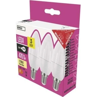 EMOS LED žiarovka Lighting E14, 220-240V, 5W, 470lm, 2700k, teplá biela, 30000h, Classic Candle 102x35x35mm-3pack