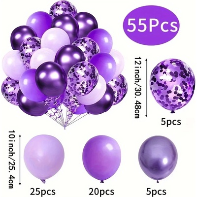 Комплект 55 броя балони 25 см. в лилаво и с конфети