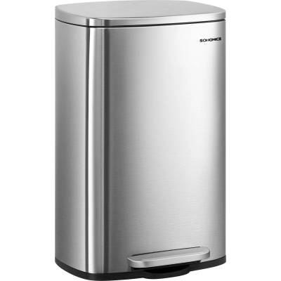 SONGMICS kitchen rubbish bin, 50 liters, waste bin, pedal bin, with lid, soft close, foot pedal, steel, inner bin, silver LTB050E01