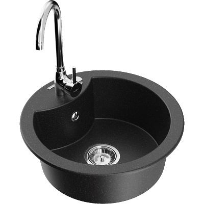 Mexen Diego гранитна кухненска мивка с 1 камера с кухненски кран Telma, черен/сребърен - 6512-73-670200-00 (6512-73-670200-00)