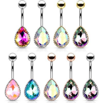 Šperky eshop ocelový piercing do břicha kapka s barevnými odlesky AB25.05 stříbrná fialová