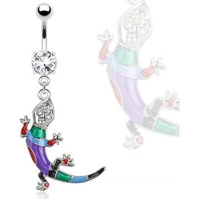 Šperky eshop piercing do bříška z chirurgické oceli barevná ještěrka čirý zirkon R19.7