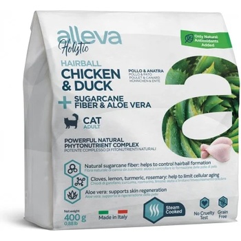 Diusapet Alleva® holistic (adult cat) chicken & duck + sugarcane fiber & aloe vera hairball - пълноценна храна за пораснали котки над една година с предразположеност към образуване на космени топки, както и за дългокосмести котки, Италия - 0, 4 кг 2721