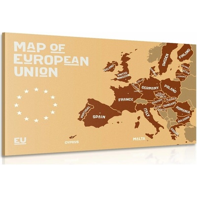 Obraz naučná mapa s názvy zemí evropské unie v odstínech hnědé - 90x60