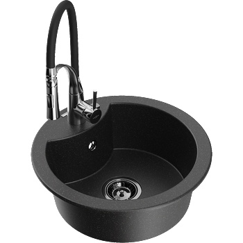 Mexen Diego гранитна мивка с 1 отделение с кухненски смесител Aster, черно/сребрист металик - 6512-73-73450-07-B (6512-73-73450-07-B)