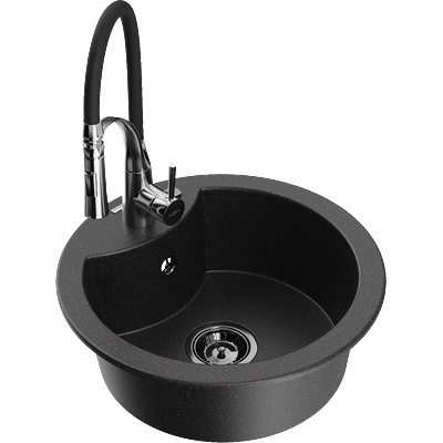 Mexen Diego гранитна мивка с 1 отделение с кухненски смесител Aster, черно/сребрист металик - 6512-73-73450-07-B (6512-73-73450-07-B)